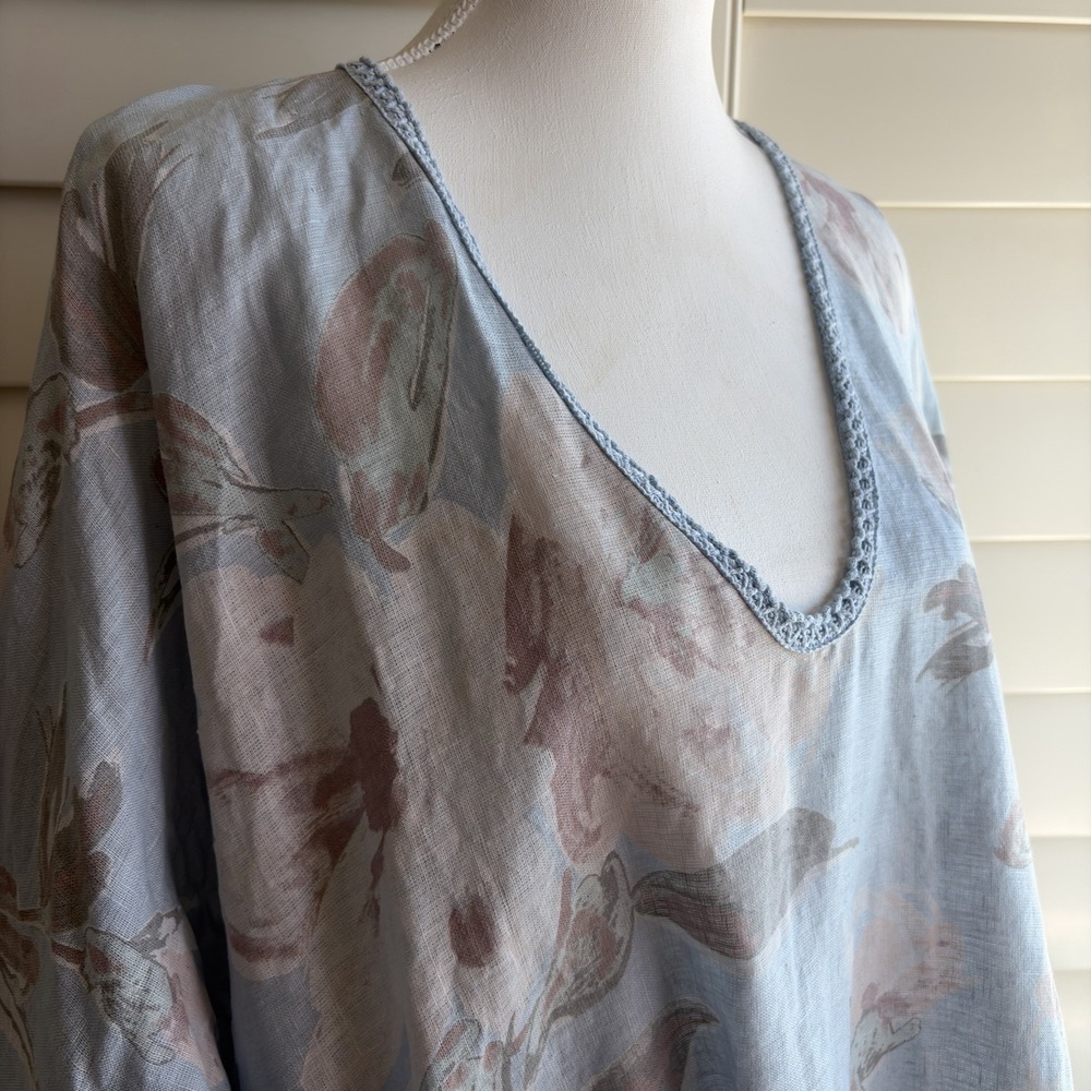 Made in Italy 100% Linen Floral Tunic Top 4X Blue Boho Ruffle Plus Women Read - Picture 3 of 9